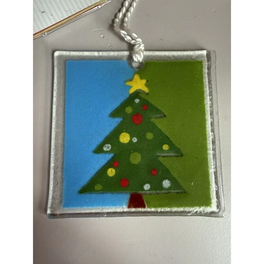 Rare Peggy Karr Glass ~ Fused Glass Square Christmas Tree Ornament Suncatcher